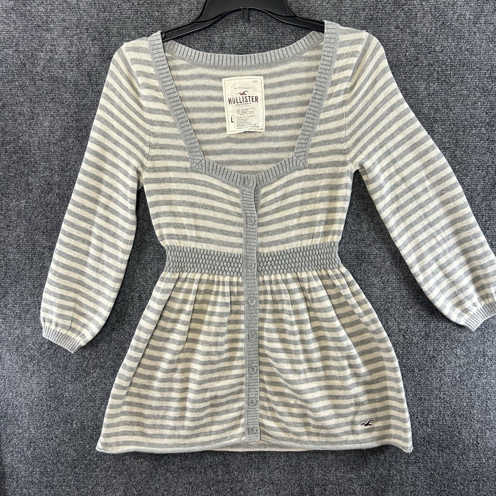 VTG Hollister Babydoll Top Large Gray Striped Sweater Y2K Retro Bella Swan RARE
